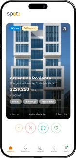 Interfaz de Spot2 mostrando la función de explorar espacios con swipe en dispositivo móvil